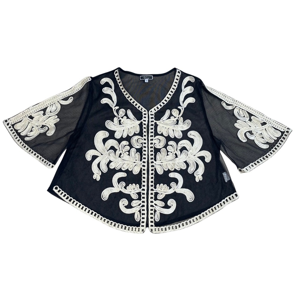 Vivid Black Floral Embroidered Sheer Whimsygoth Boho Fairy Duster Kimono 1X